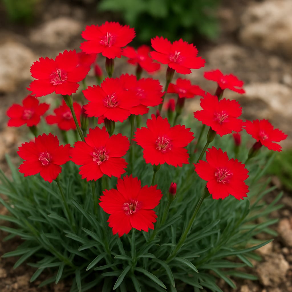 Pünkösdi szegfű 'Bombardier' élénkvörös virágai sziklakerti környezetben, kékeszöld levelekkel és napfényes háttérrel