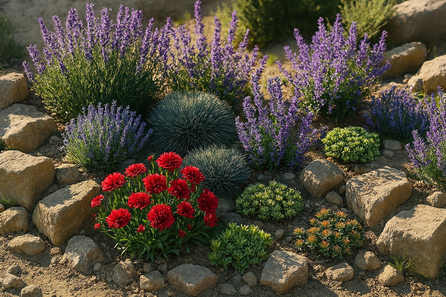 Pünkösdi szegfű, levendula, macskamenta, kékperje és varjúháj egy napsütötte, sziklás kertágyásban