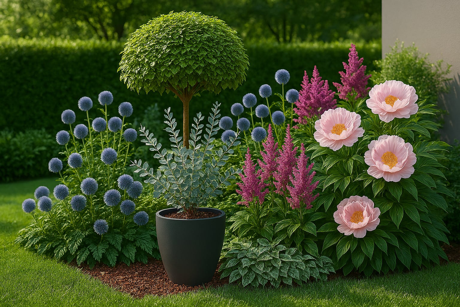 Köszönöm, Web! Itt vannak a végleges szövegek ehhez a gyönyörű látványtervhez, magyar nyelven, termékkép galériába optimalizálva: 🌿 Altszöveg: Gondosan megtervezett kert Eucalyptus pulverulenta 'Baby Blue Bouquet' bokorral, rózsaszín bazsarózsával, acélkék díszcsorbával, lila tollbugával és formás gömbhárssal.