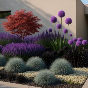 Modern díszkert Festuca glauca (kék csenkesz) egy kortárs épület előtt, napsütéses délutánon.