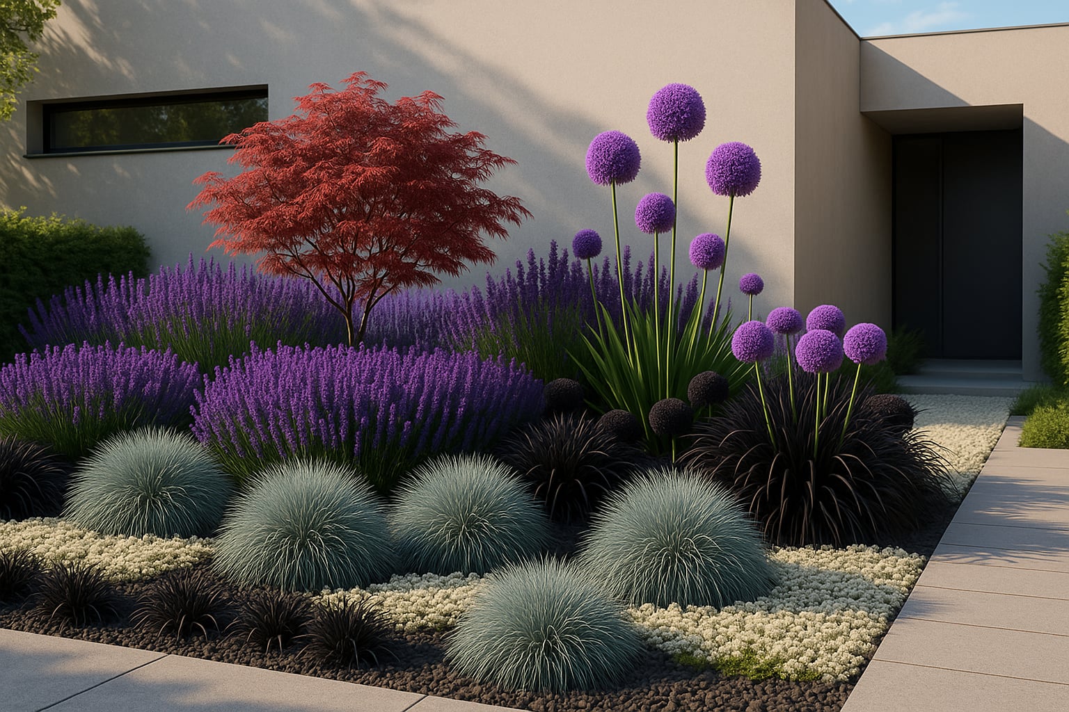 Modern díszkert Festuca glauca (kék csenkesz) egy kortárs épület előtt, napsütéses délutánon.