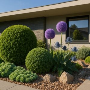 Modern kavicságyás Sedum pachyclados, gömb puszpáng, díszhagyma (Allium giganteum) és sziklakerti ternye (Eryngium alpinum) harmonikus növénytársításával egy kortárs kertben.