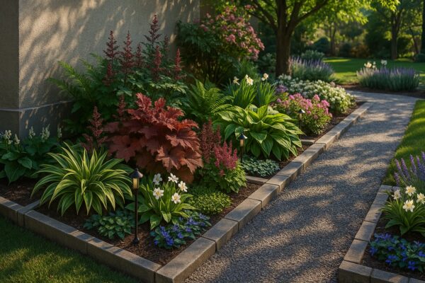 Heuchera ‘Kassandra’ tűzesővel beültetett évelőágyás modern kertben, szegélykővel, árnyékos fényhatásokkal és beszúrható lámpákkal
