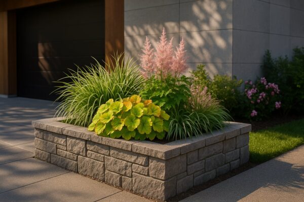 Modern garázsbejáró mellett elhelyezett kő magaságyás Heuchera ‘Northern Exposure Sienna’, Carex morrowii ‘Ice Dance’ és Astilbe chinensis növényekkel, árnyékos, elegáns kertben