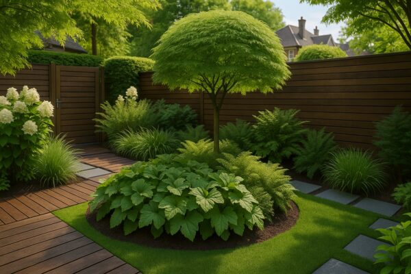 Modern árnyékkert Heuchera villosa ‘Chantilly’, bugás hortenzia és japán sás növényekkel, fás háttérrel és letisztult hangulattal