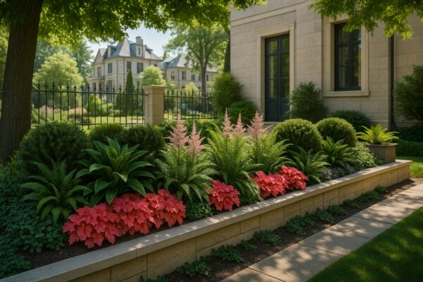 Villa árnyékkertje Heuchera ‘Zipper’, babérmeggy és japán sás növényekkel, elegáns kerti kompozícióban