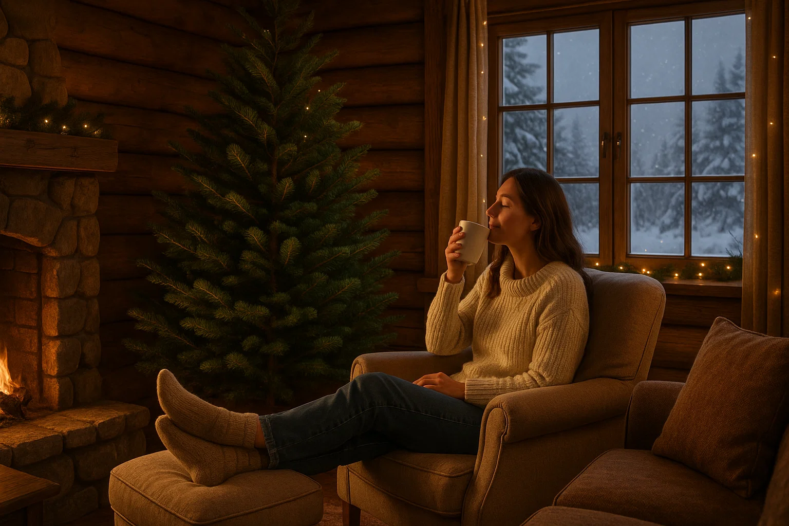 Meghitt téli szoba fenyőfával és kandallóval, ahol egy nő meleg teát iszik és élvezi a fenyő illatát.