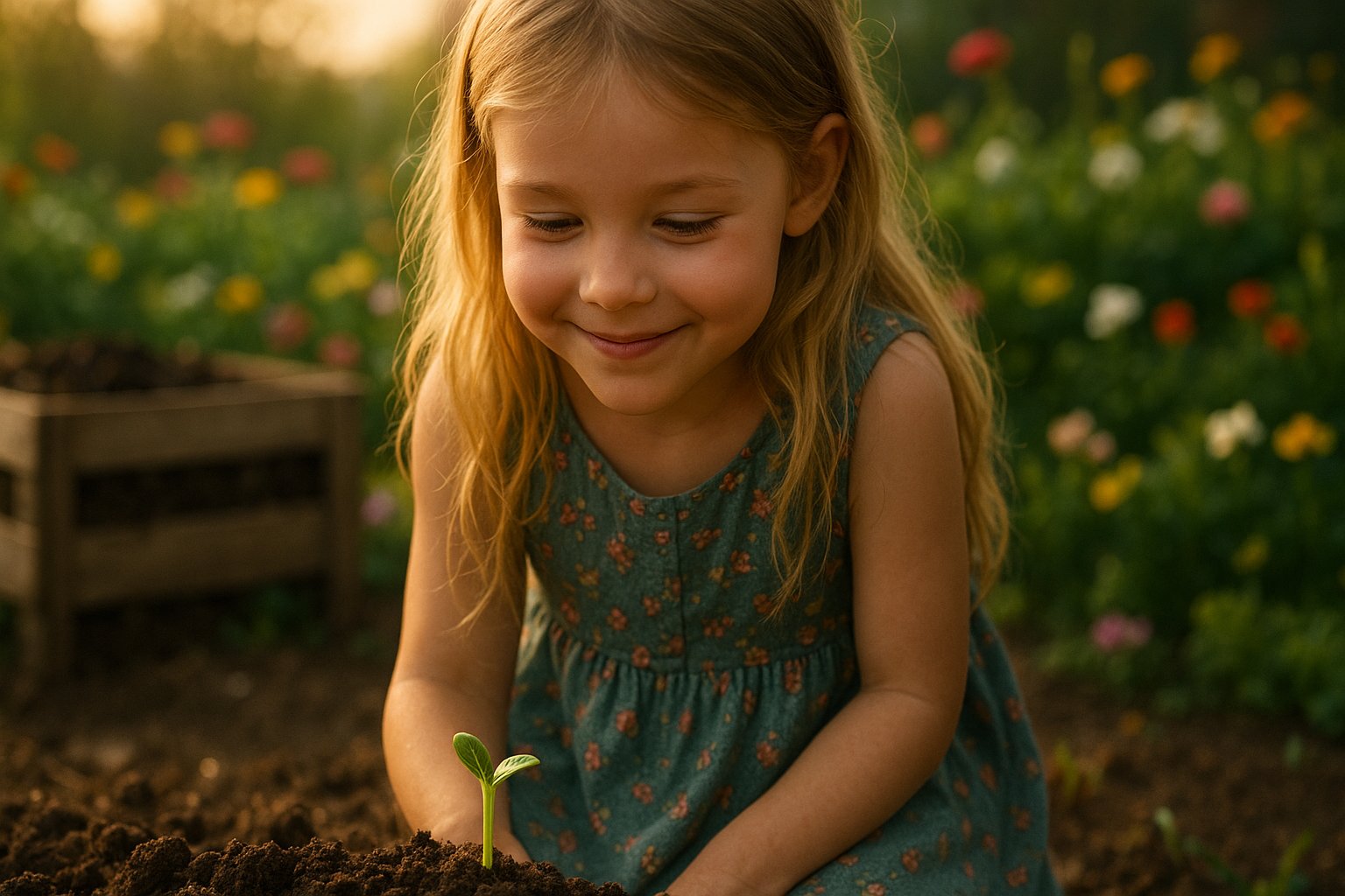 Mosolygó kislány egy friss palántát néz a kertben, a természet körforgását szimbolizálva.