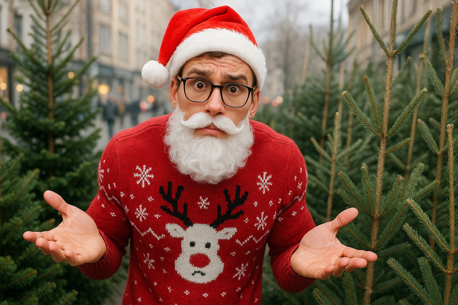 Egy fiatal férfi Mikulás sapkában és karácsonyi pulóverben tanácstalanul tárja szét a kezét fenyőfák között.