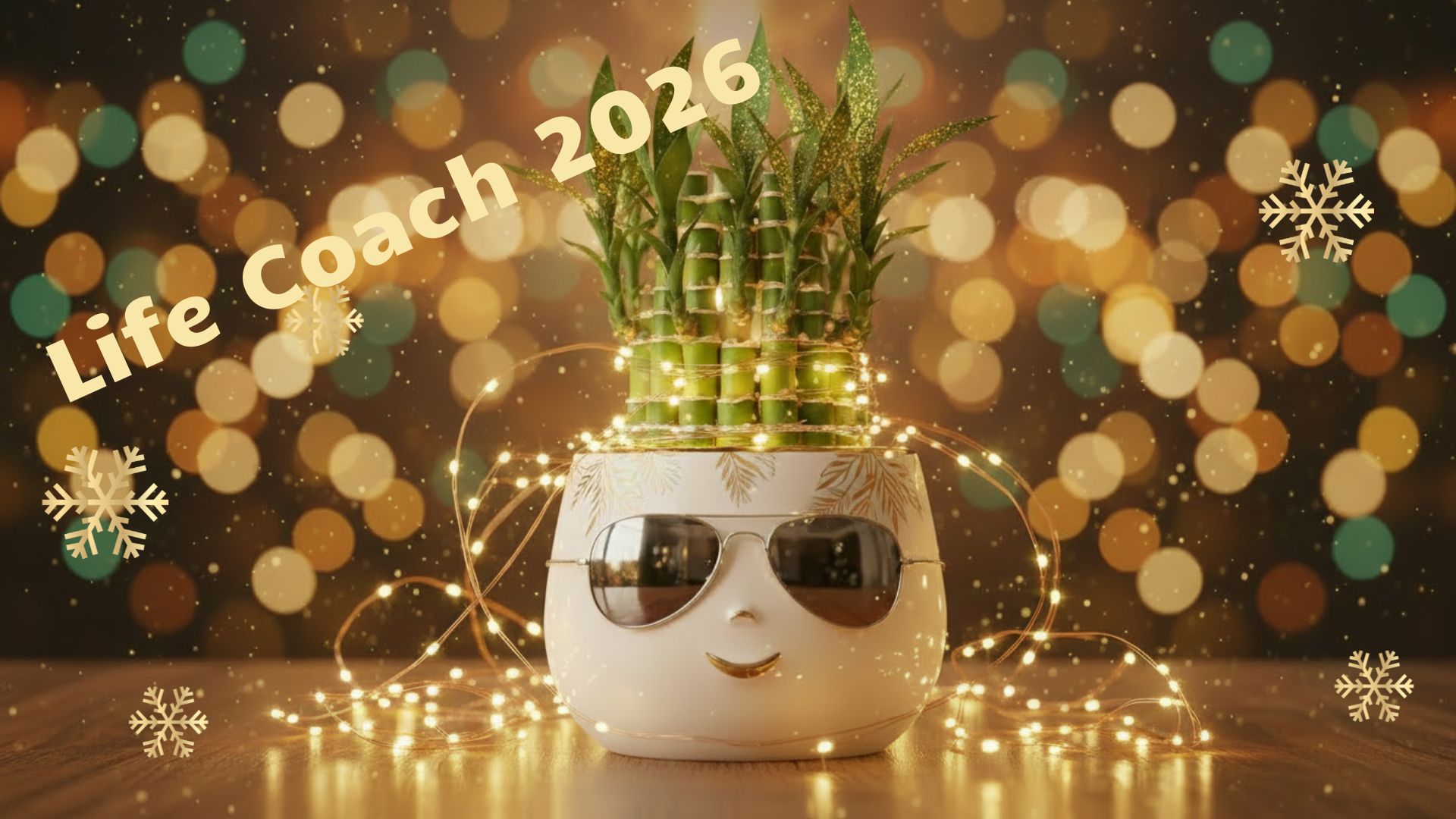 Szerencsehozó bambusz növény ünnepi fényekkel, vidám kaspóban