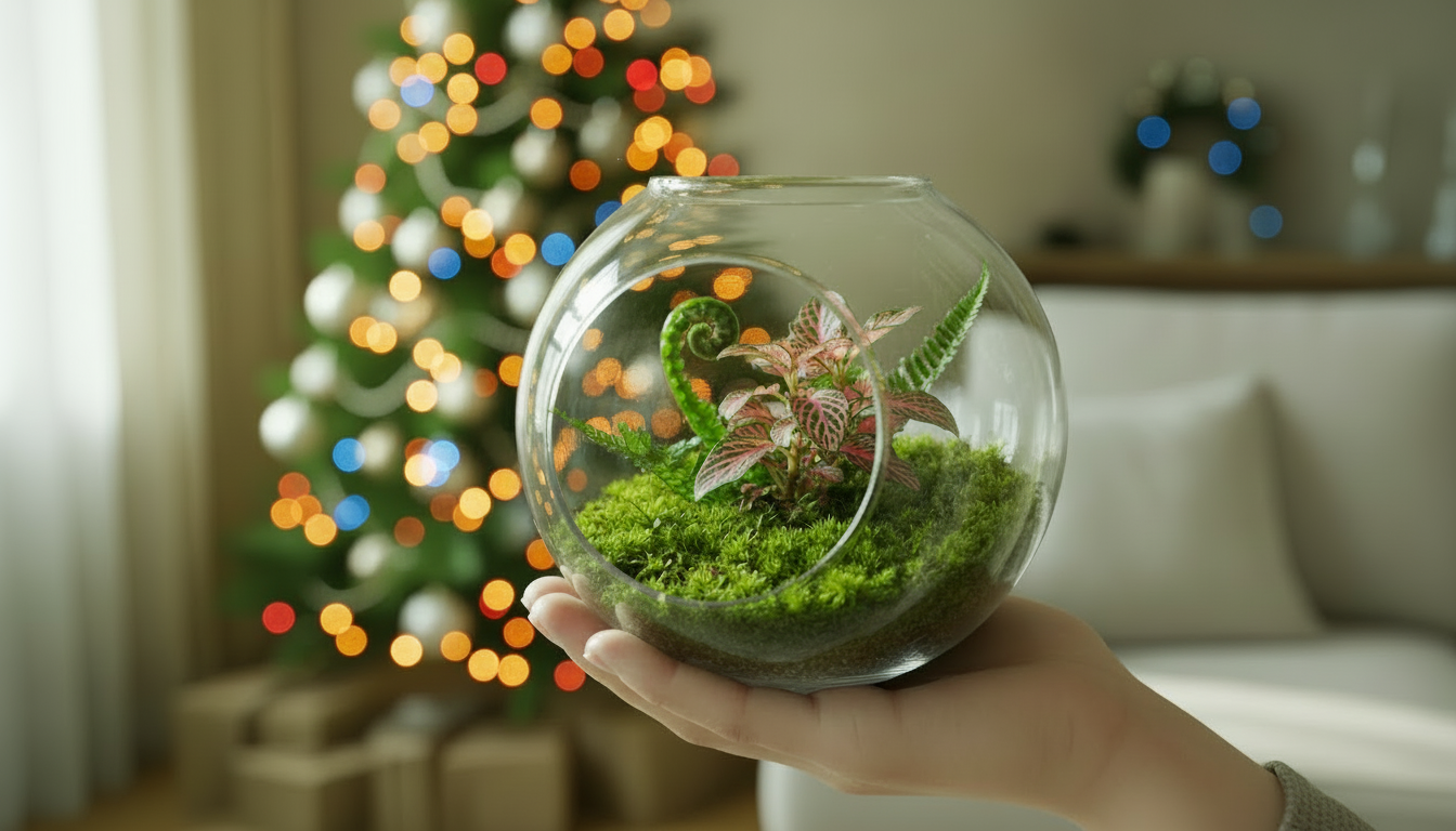 Ünnepi florárium mohával és fittoniával, női kézben, karácsonyi háttérrel