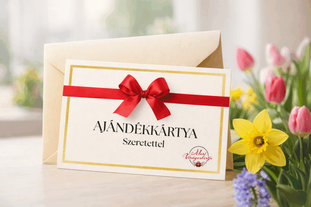 Ajándékkártya világos borítékkal tavaszi virágok között, beltéri asztalon elhelyezve