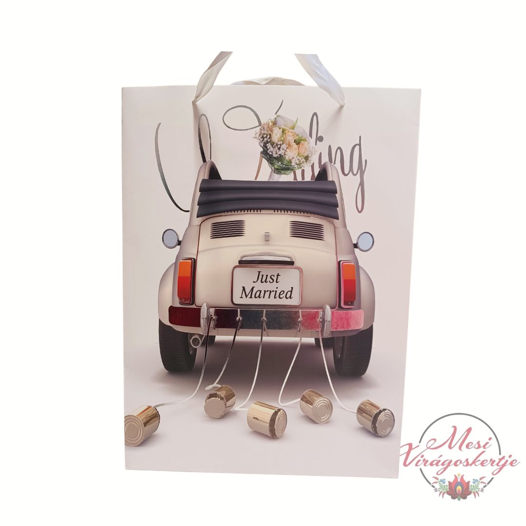 Esküvői ajándéktáska Just Married autó mintával