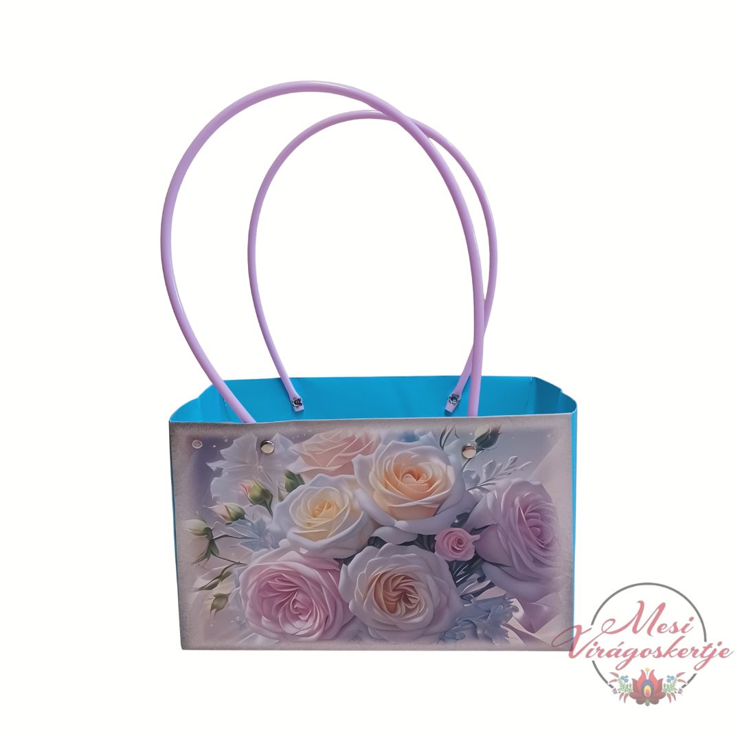Pasztell rózsás ajándéktáska lila füllel szemből