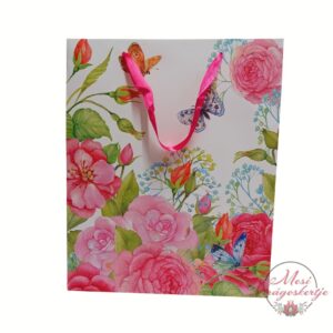 Virágos pillangós ajándéktáska rózsaszín szalagfüllel