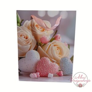 Rózsás–szíves ajándéktáska pasztell színekben szalagfüllel