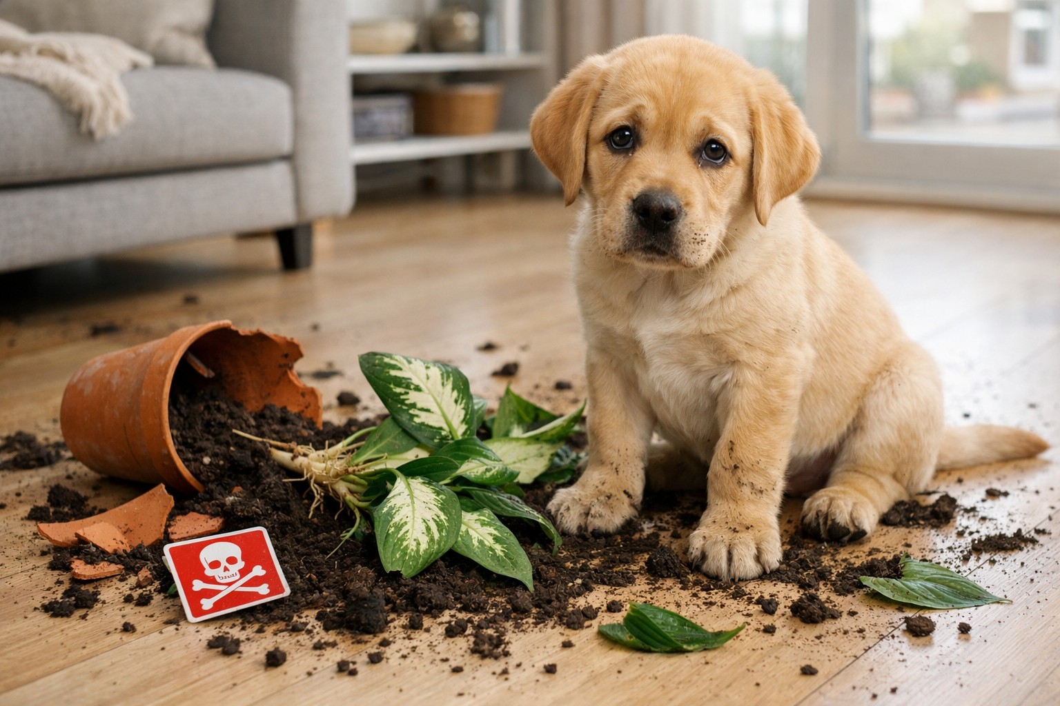 Szomorú labrador kölyökkutya egy feldöntött, mérgező szobanövény mellett a lakásban