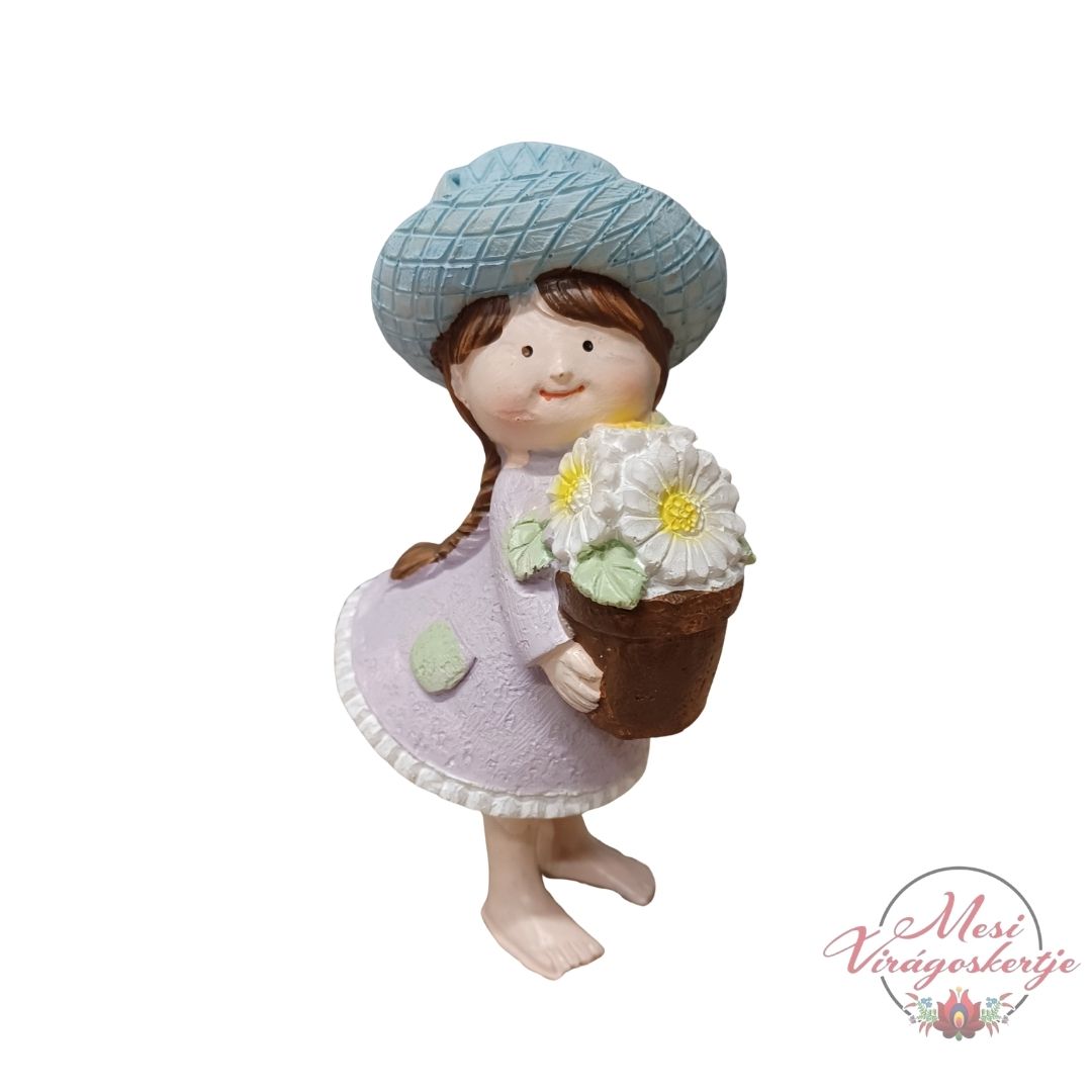 Piri mesés gyerekfigura, virágcsokrot tartó dekoráció