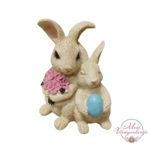 Nyuszipár dekoráció, virágot és tojást tartó nyuszi figurák