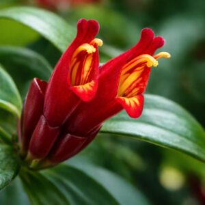 Rúzsvirág virága közelről – Aeschynanthus radicans piros-sárga tölcsérvirág