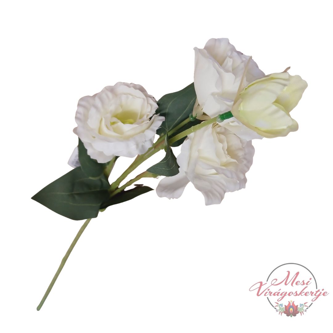 Fehér selyem liziantusz élethű művirág zöld levelekkel, dekorációs célra