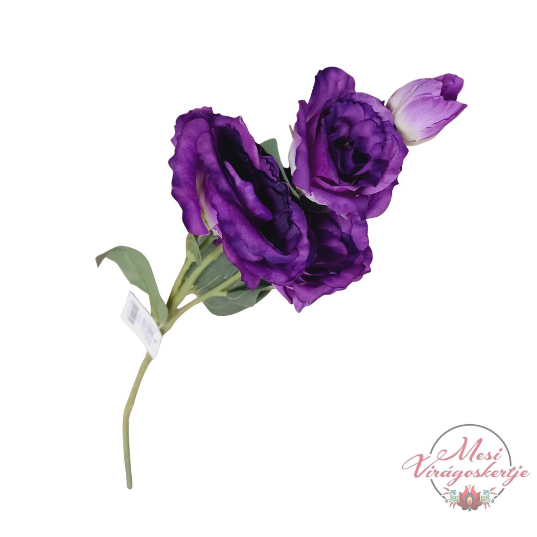 Lila selyem liziantusz élethű művirág zöld levelekkel, dekorációs célra