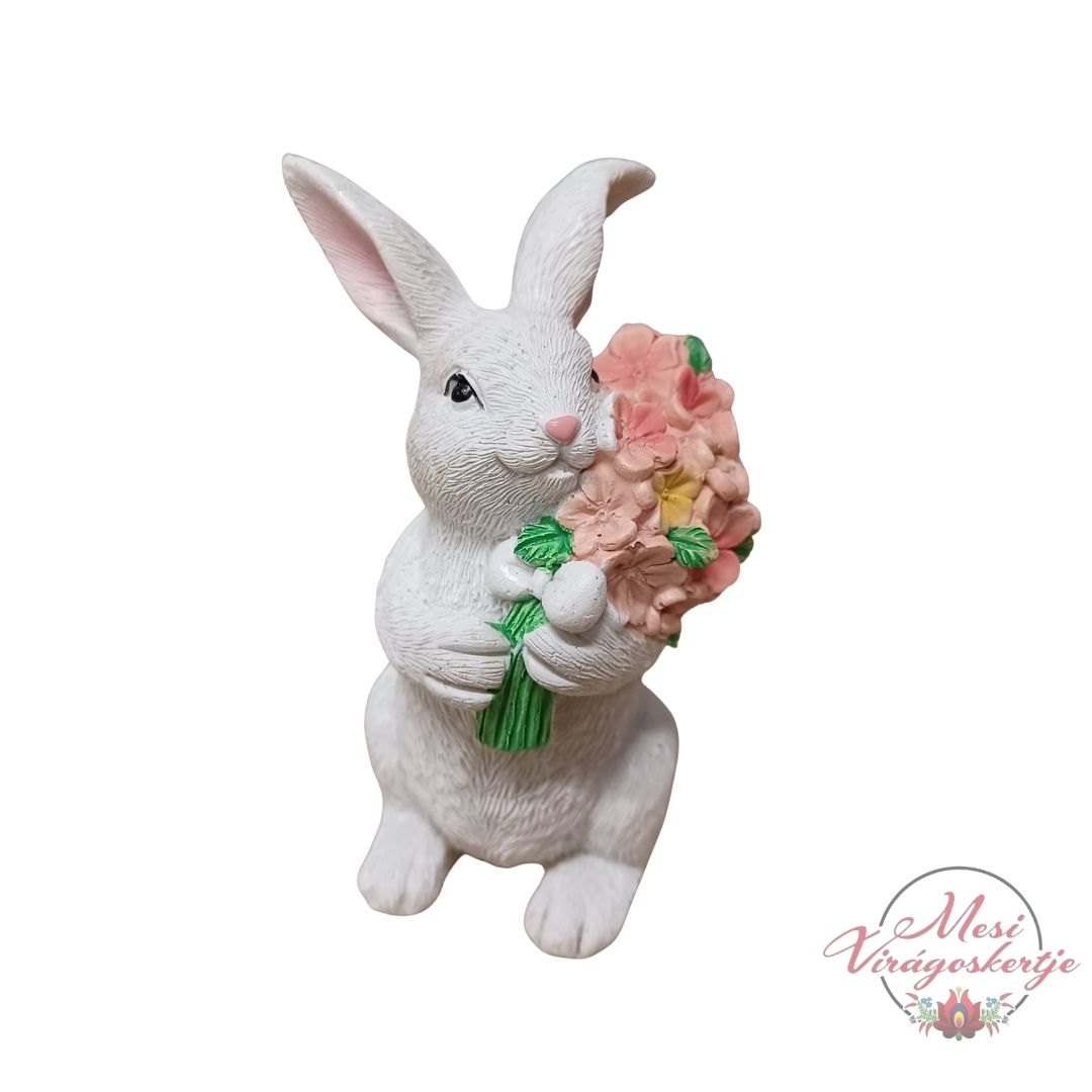 Virágcsokros nyuszi dekoráció, kedves nyuszi figura tavaszi díszítéshez