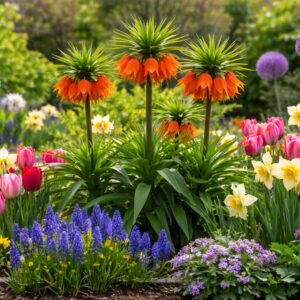 Császárkorona Fritillaria imperialis kifejlett állapotban színes tavaszi növényágyásban