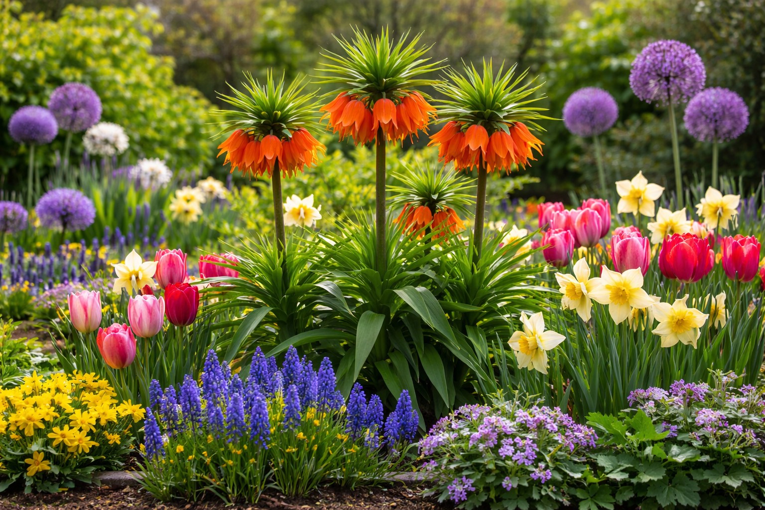 Császárkorona Fritillaria imperialis kifejlett állapotban színes tavaszi növényágyásban