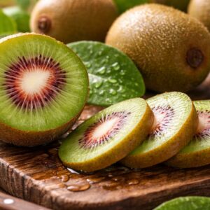 Piros belsejű kivi gyümölcs közeli metszeti képe frissen szeletelve ételfotó stílusban