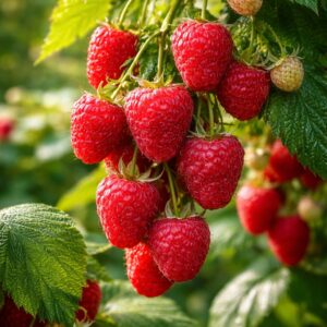 Őszi málna Autumn Bliss közeli kép érett piros terméssel