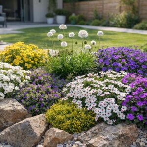 Párnás lángvirág növénytársítás modern kertben világos környezetben