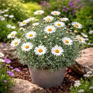 Marokkói százszorszép Casablanca fehér virágokkal, fejlett állapotban természetes környezetben