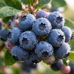 Kerti áfonya Vaccinium corymbosum érett termése közelről vízcseppekkel