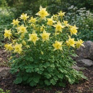 Sárga harangláb Spring Magic Yellow – Aquilegia kifejlett növény virágzás közben kertben