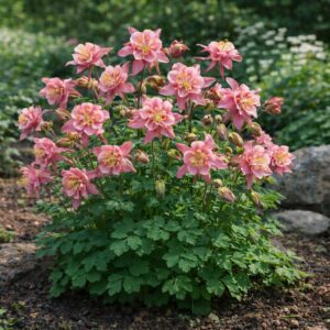 Rózsaszín harangláb Winky Rose Rose – Aquilegia kifejlett virágzó évelő növény kertben