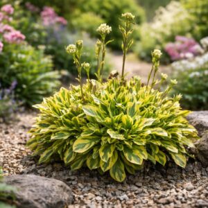 Tarka levelű ikravirág Old Gold – Arabis ferdinandi-coburgii kifejlett növény romantikus kertben