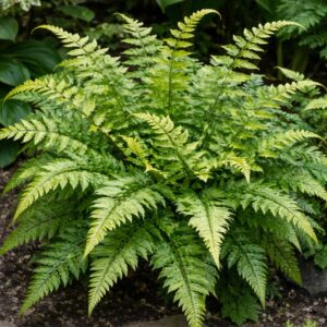 Tarkalevelű páfrány Arachniodes Variegata kifejlett növény árnyékos kertben