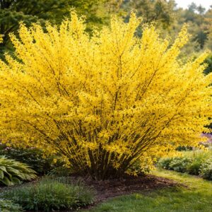 Aranyvessző – Forsythia × intermedia kifejlett virágzó díszcserje kertben