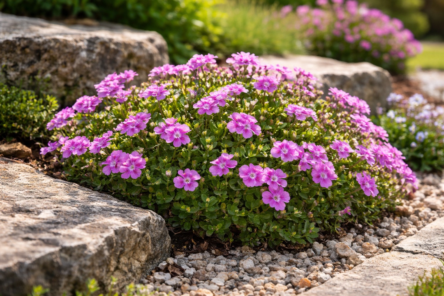 Kerti ternye Axcent Lilac – Aubrieta virágzó évelő sziklakertben