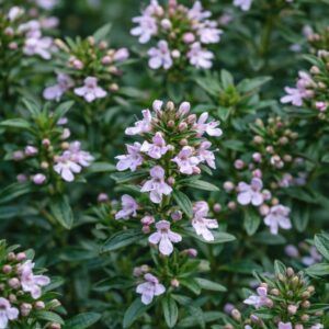 Borsikafű Satureja montana virágzó fűszernövény apró halványlila virágokkal