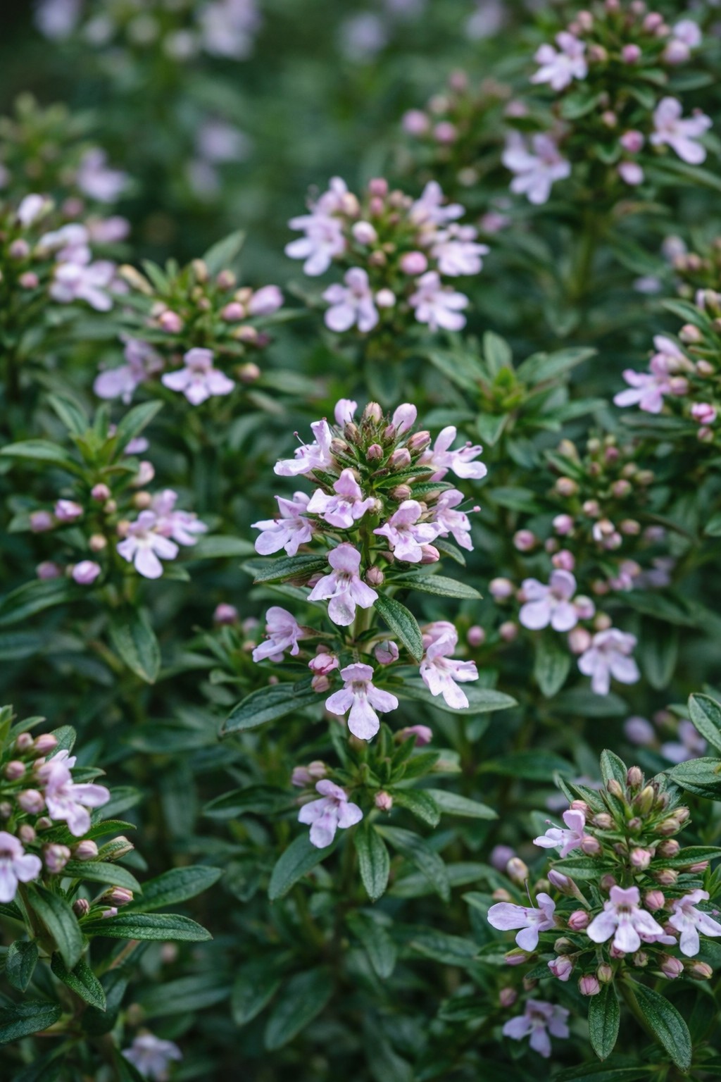 Borsikafű Satureja montana virágzó fűszernövény apró halványlila virágokkal