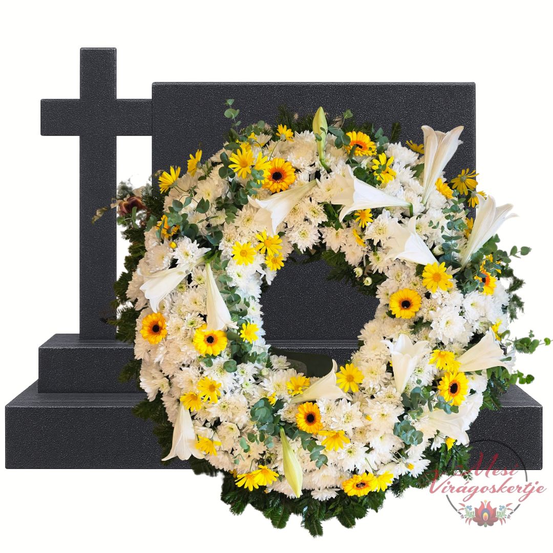 Fehér sárga kegyeleti koszorú liliommal és krizantémmal temetésre