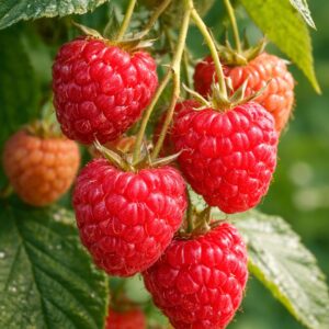 Folytontermő málna Rubus idaeus Aroma Queen érett piros termések közelről