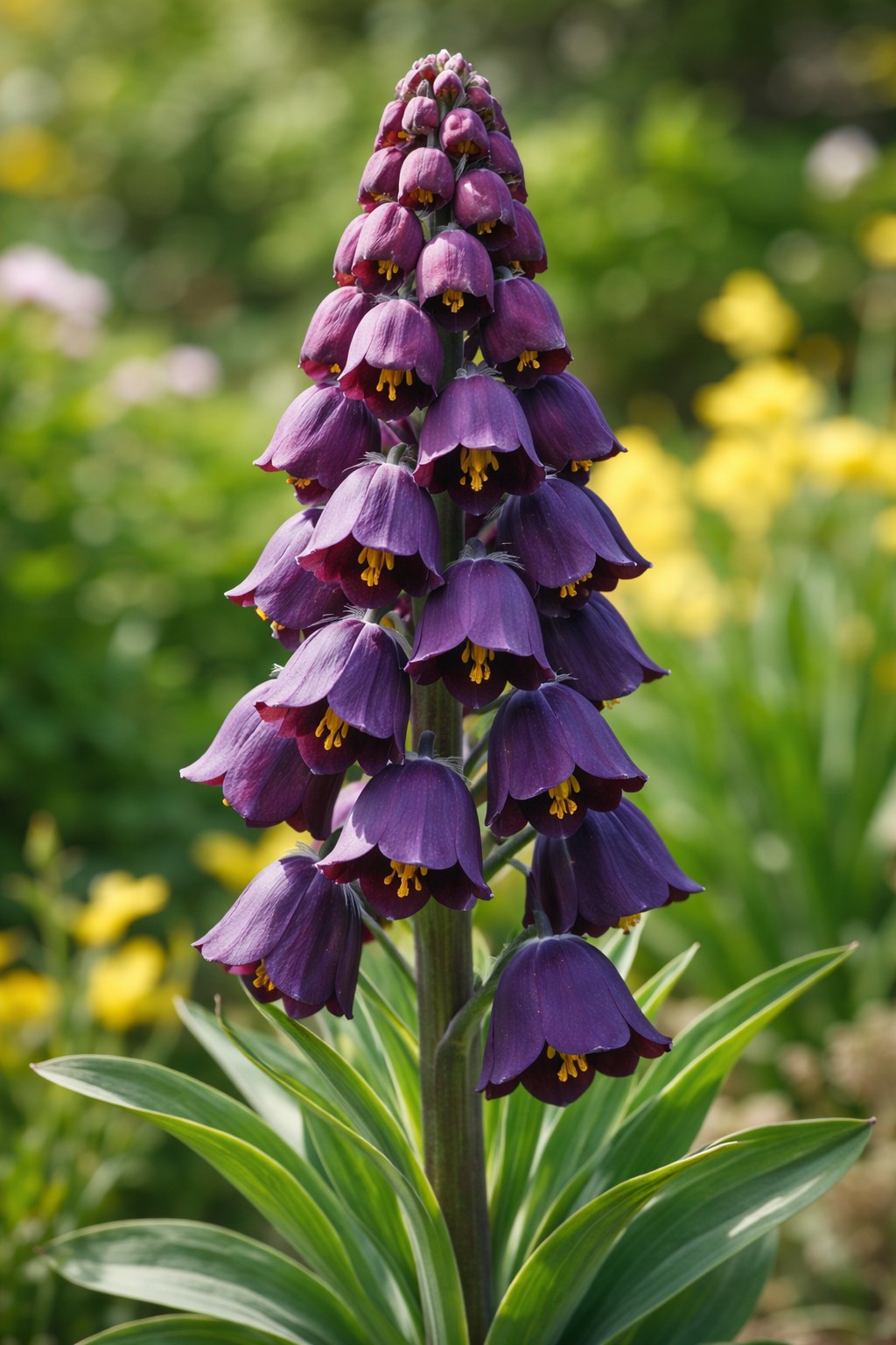 Perzsa császárkorona Fritillaria persica sötét lila harang alakú virágok közelről