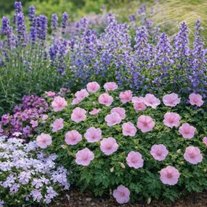 Alacsony gólyaorr Apfelblüte Geranium sanguineum évelőágyásban levendulával és macskamentával