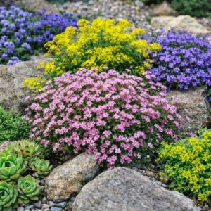 Havasi fátyolvirág Gypsophila repens Filou Rose sziklakertben társított évelő növényekkel
