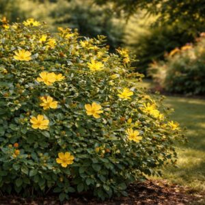 Orbáncfű Hypericum virágzó díszcserje sárga virágokkal kertben