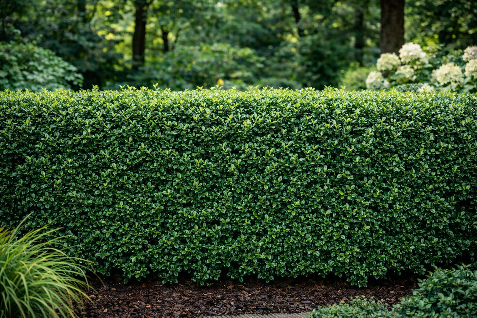 Japán magyal Ilex crenata Jenny nyírt örökzöld sövény kertben