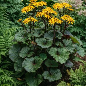 Kínai hamuvirág Othello Ligularia dentata virágzó növény árnyékos kertben társültetéssel